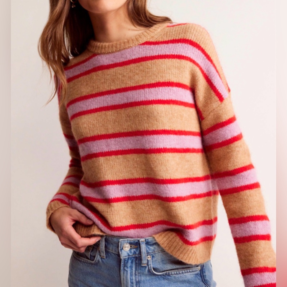 Boden Striped Crewneck Sweater in Camel, Pink & Red